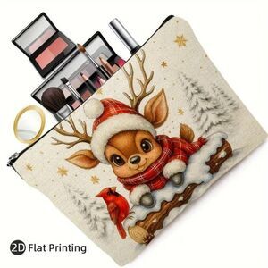 Christmas Winter Reindeer and Cardinal Travel Makeup Bag Double Sided Printed